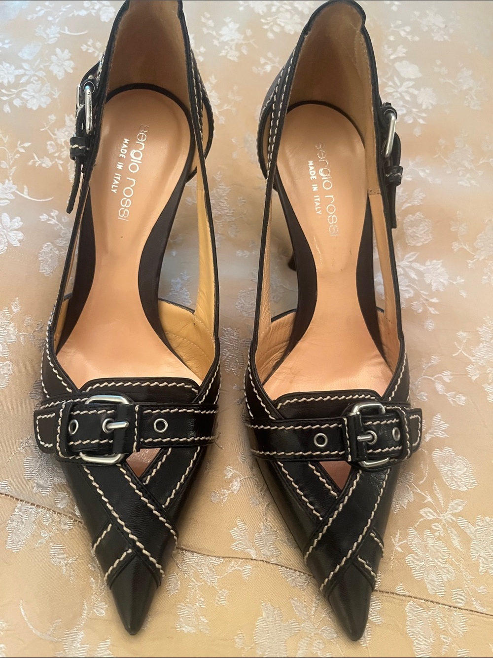 Sergio Rossi Black Leather Pointed Slingback Pumps with Contrast Stitching